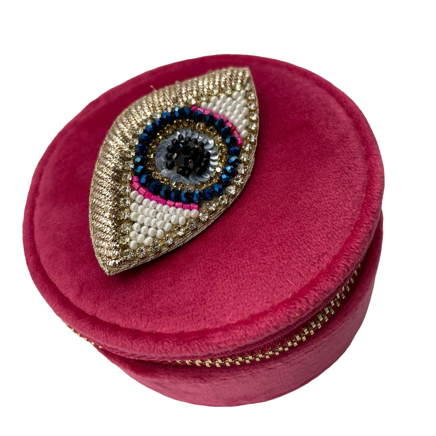 Jewellery travel pot in recycled velvet, bright pink with a golden eye pin