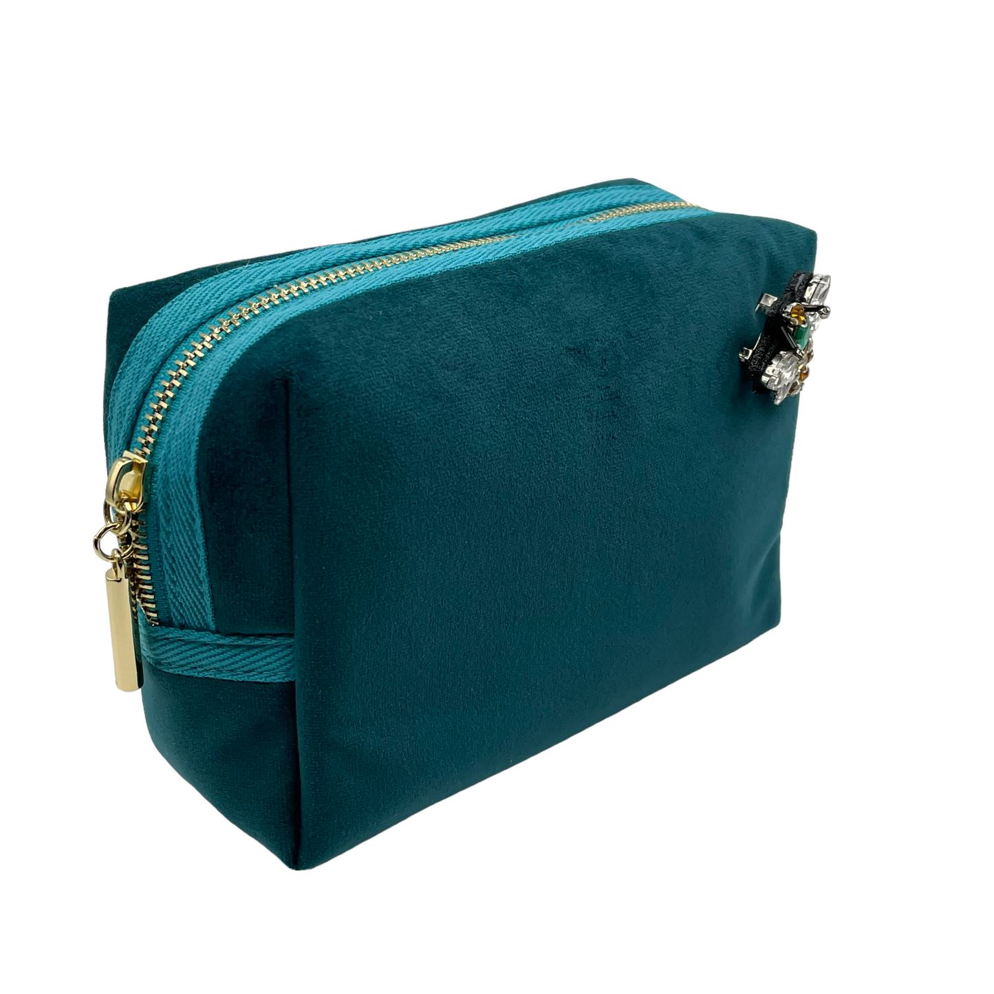 Teal make-up bag & queen bee pin - recycled velvet