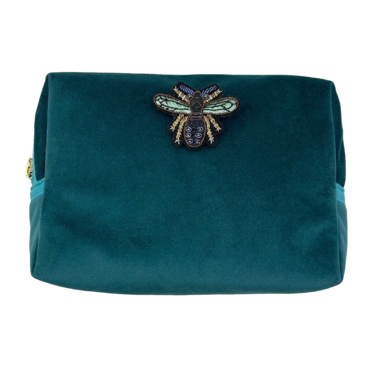 Teal make-up bag & petite insect pin - recycled velvet