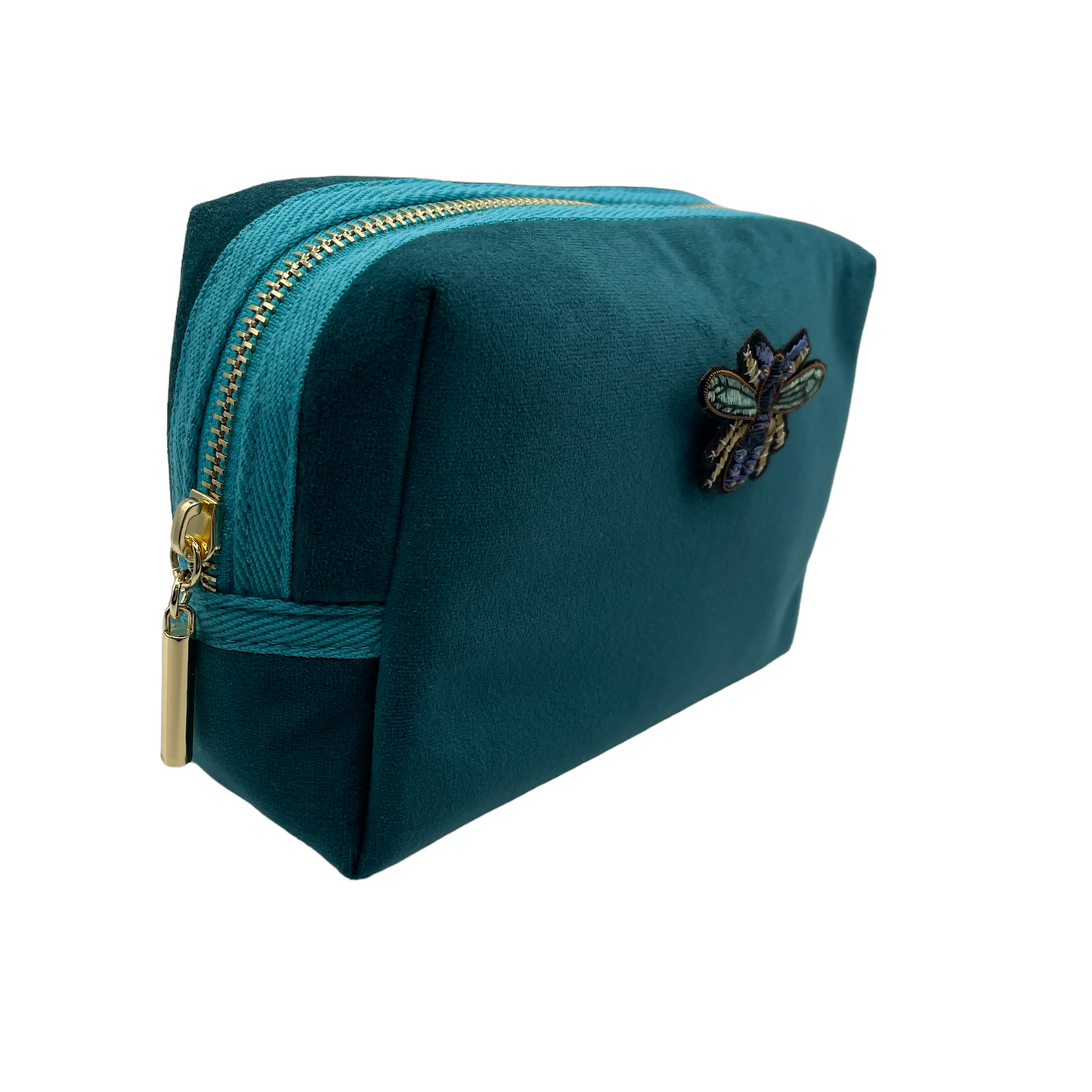 Teal make-up bag & petite insect pin - recycled velvet