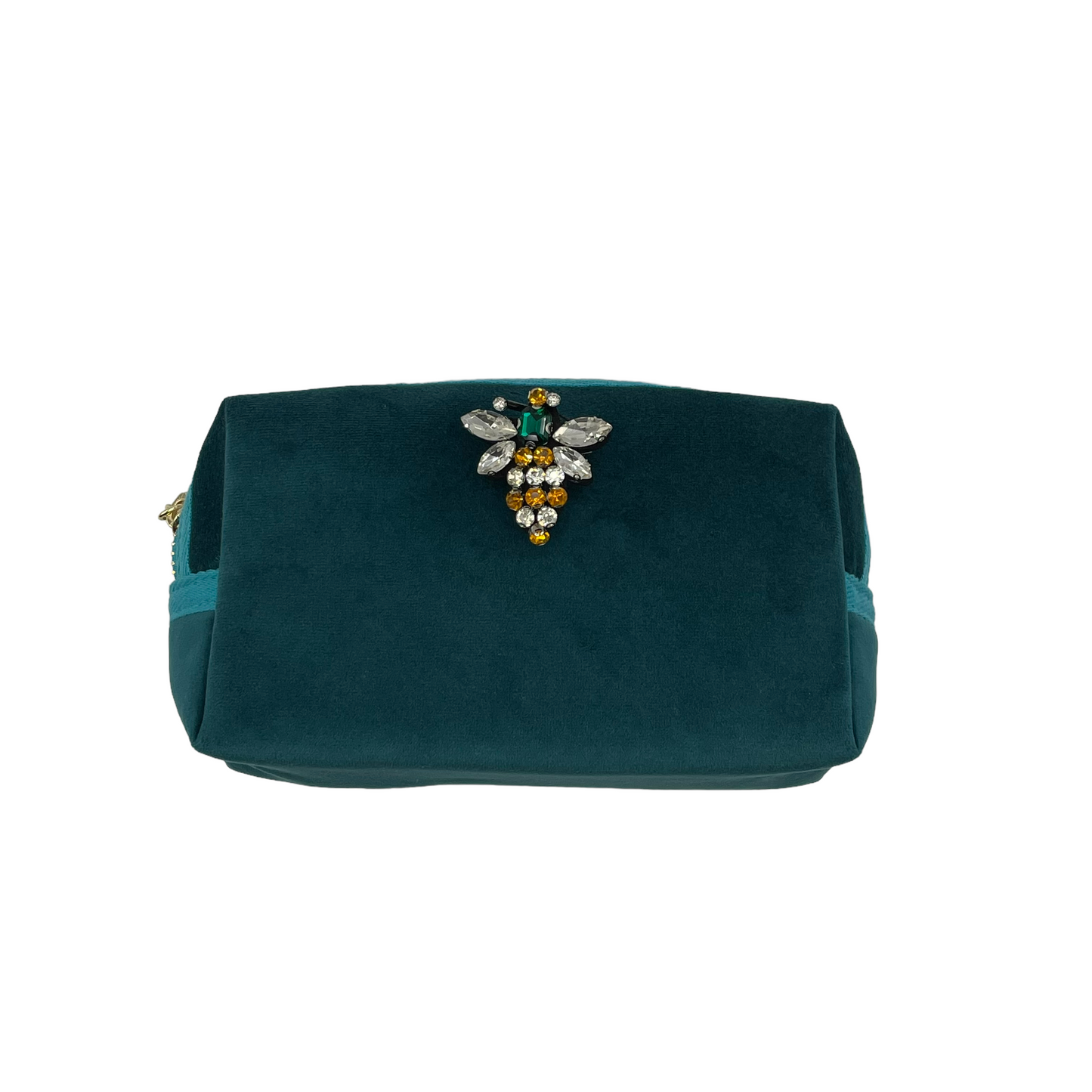 Teal make-up bag & queen bee pin - recycled velvet