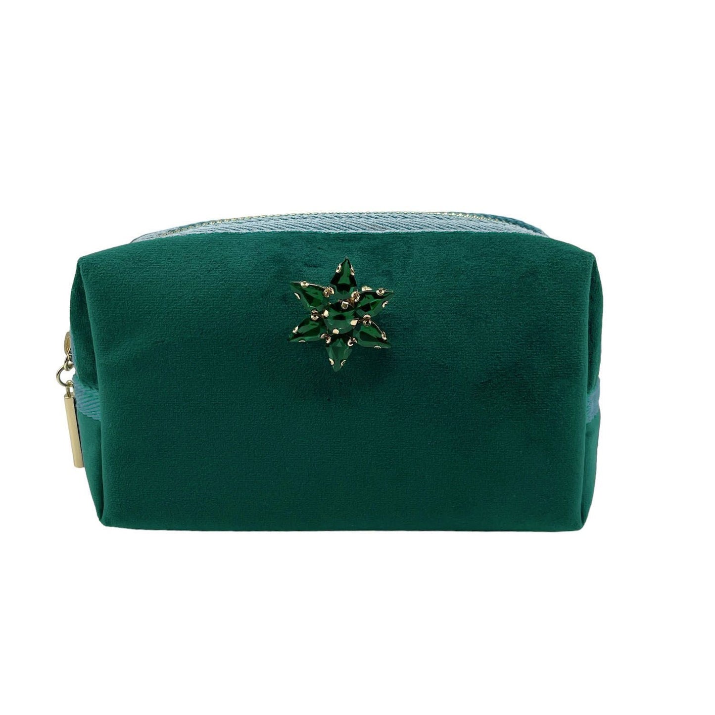 Green make-up bag & sparkle star pin - recycled velvet